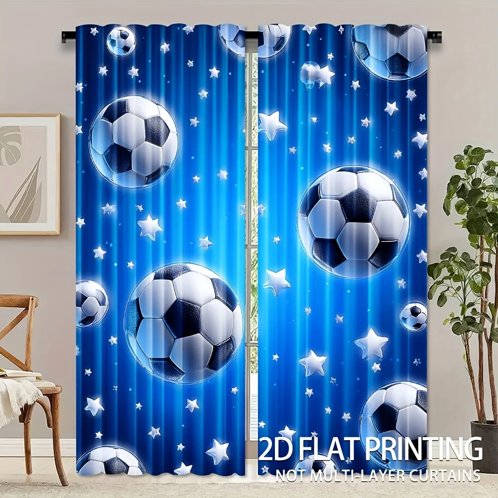 2pcs Soccer Ball Print Curtains Stars Pattern Sport Style Blue Polyester Window Drapes for Kids Bedroom Playroom