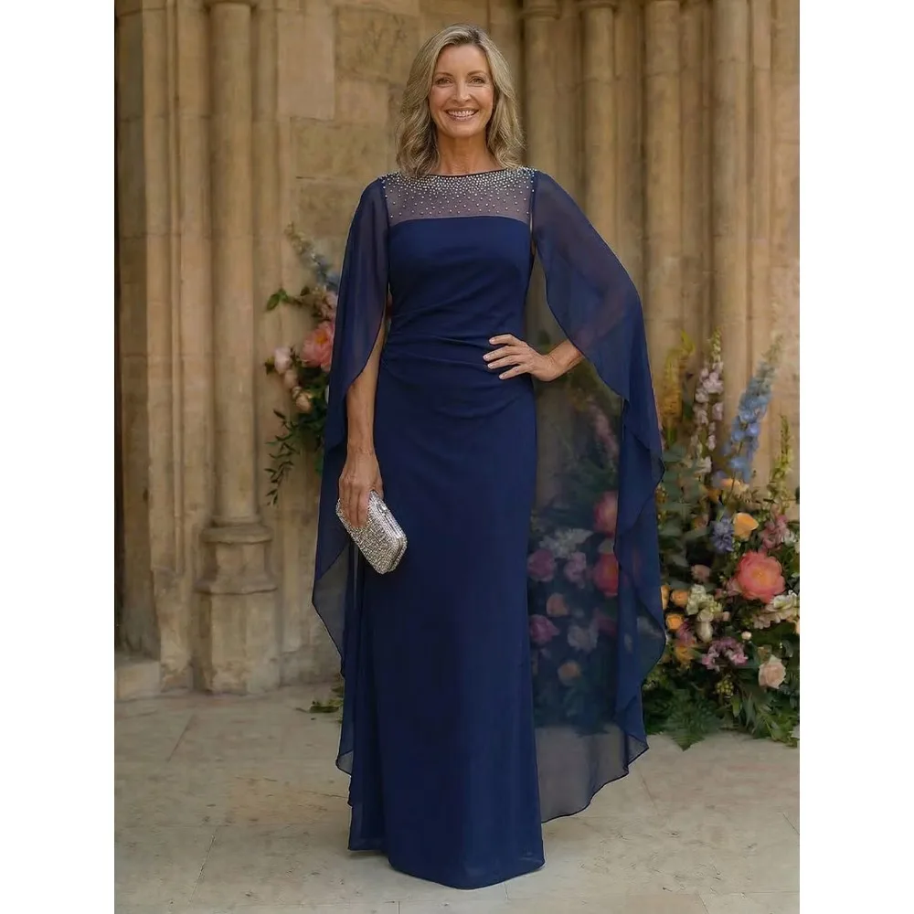 Customized Chiffon Mother of Birde Dresses 2026 Crystals Women‘s Cape Sleeves Wedding Party Attire Gowns Elegant Evening Dress