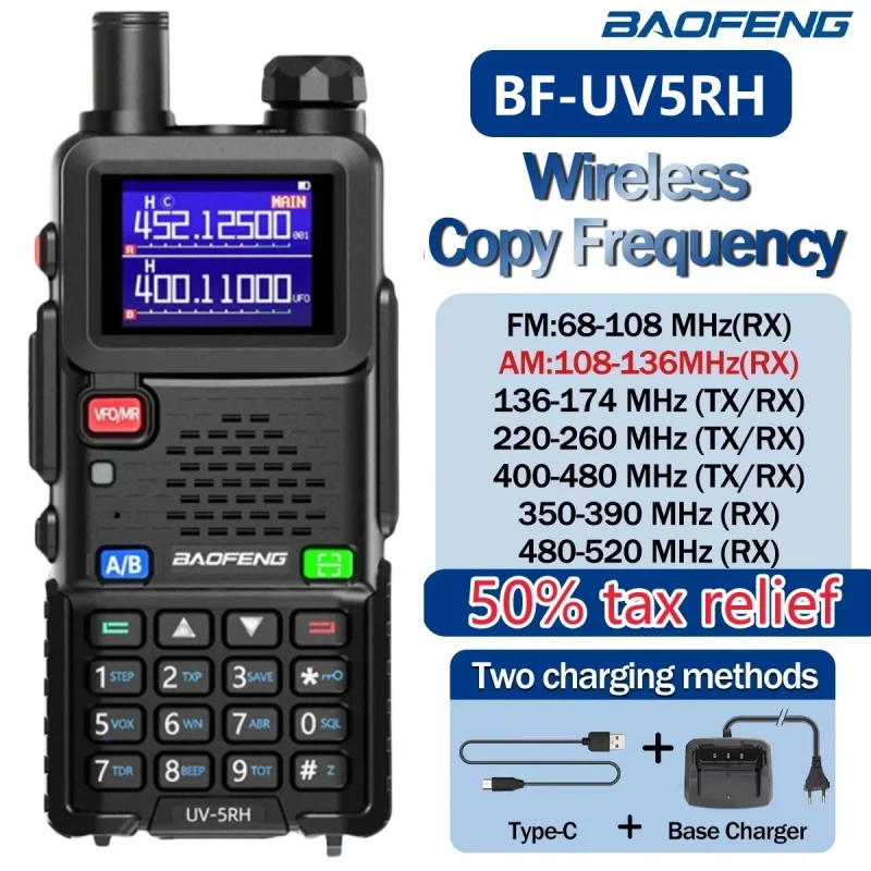 BAOFENG UV-5RH Air Band Walkie Talkie Frecuencia de copia inalámbrica Multi-Band Tri Power Type-C NOAA AM FM Radio bidireccional Ham de largo alcance