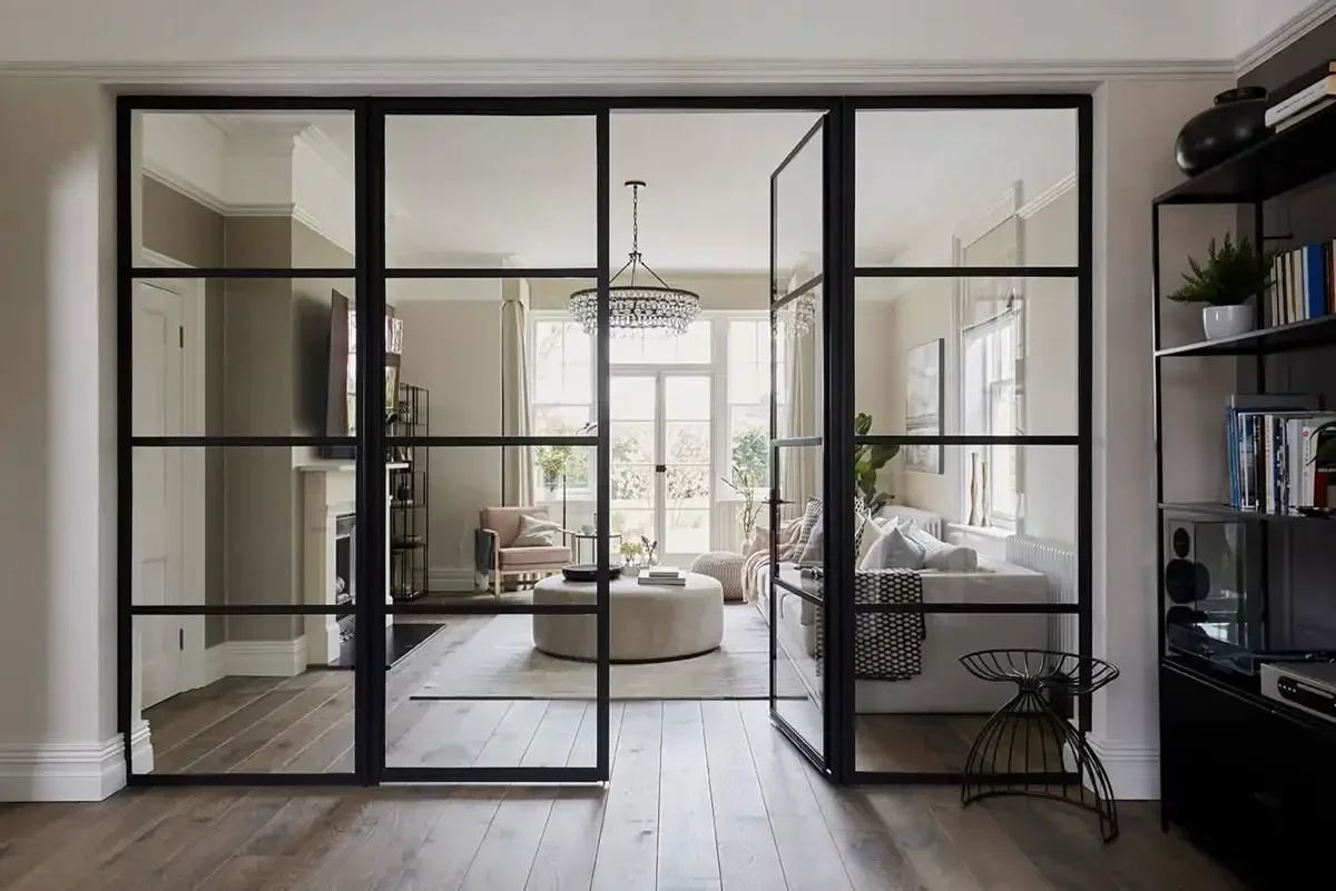 Porte francesi Hardware tedesco Porte interne in lega di alluminio premium Porta in vetro dal design minimalista a doppio smalto per ville moderne