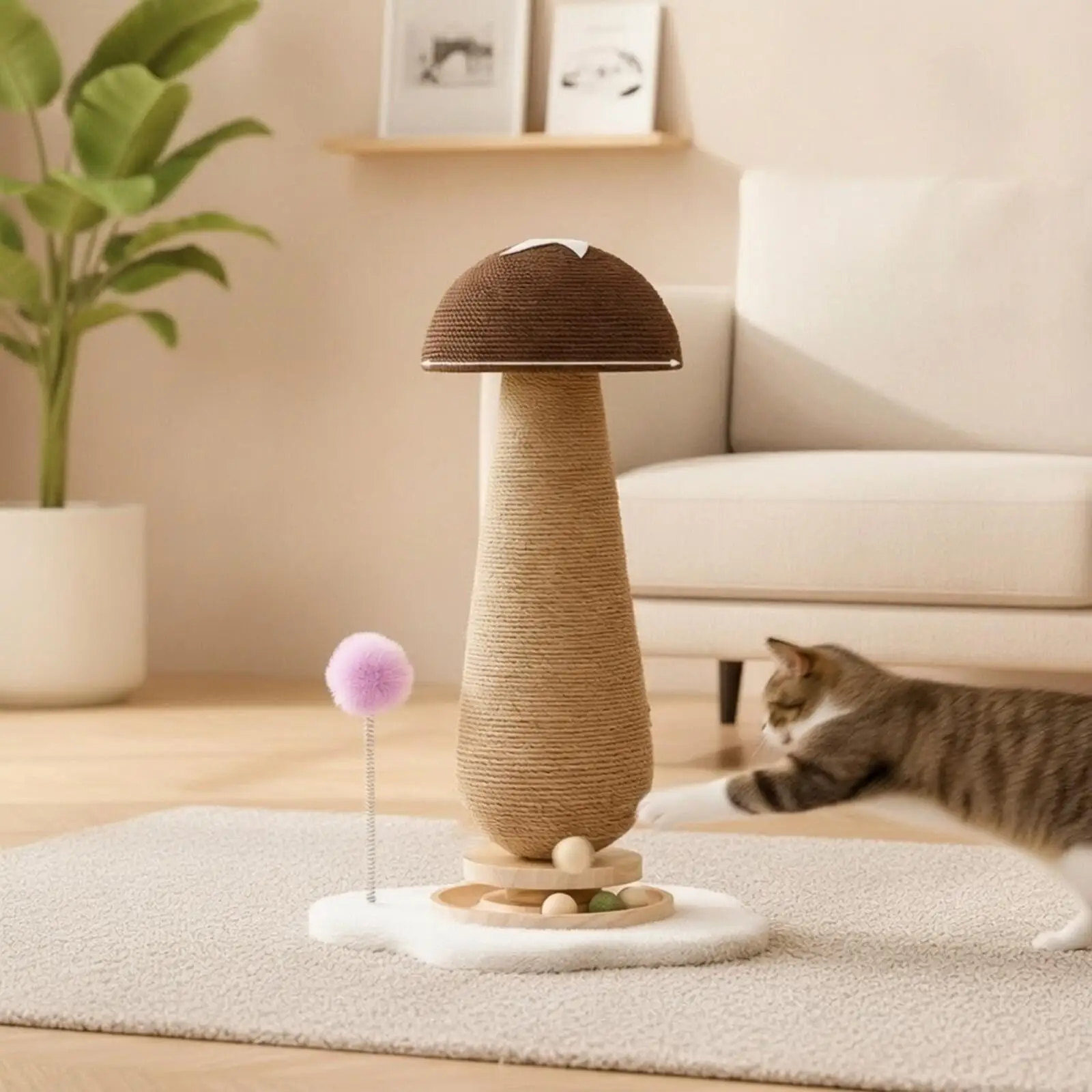 Durable Cat Scratcher for Claw Care with Plush Dangling Toy and Stable Base for Kitten Play