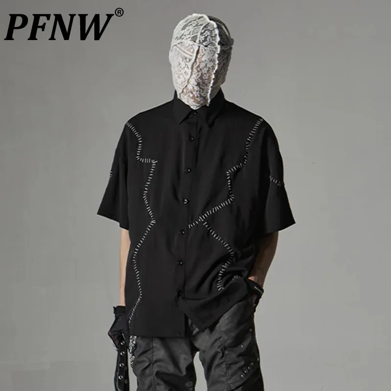 PFNW Punk Style Męskie koszule Turn Down Hand Suture Patchwork Krótki rękaw Luźne topy Jednorzędowe Nowa moda 2024 12C203