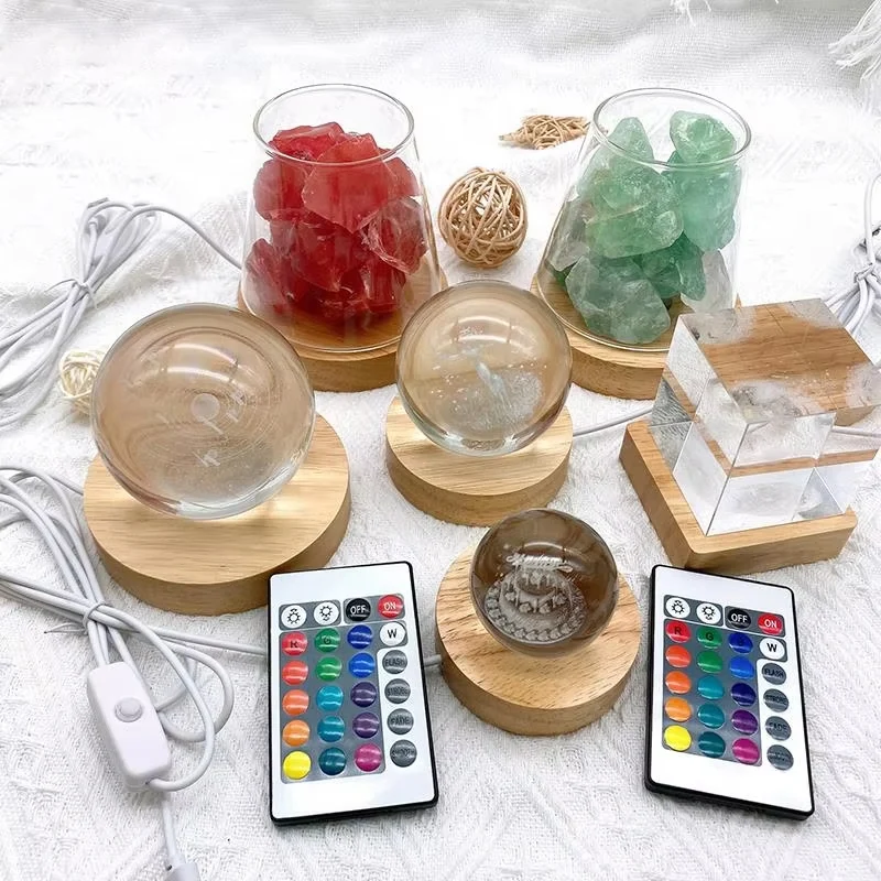 5/6/8/10CM LED Desktop Decorative Wooden Round Lamp Holder DIY Crystal Night Light Luminous Base USB Power With Remote Control