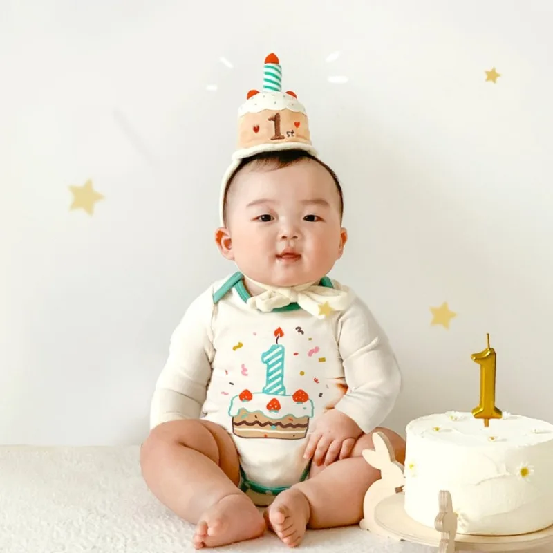 Baby 1st Birthday Romper Long Sleeve Hooded Cake Candle Print Infant First Birthday Party Photo Outfit for Boys Girls B8104