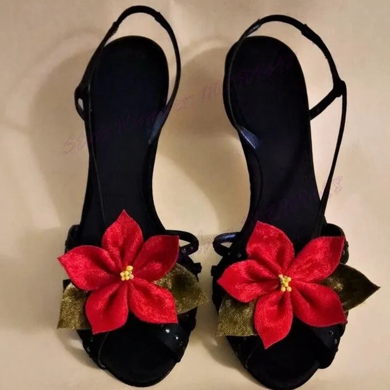 Black Flower Decor Slingback Sandals Open Toe Round Toe Shoes for Women Stiletto High Heels Party Shoes 2024 Zapatos Para Mujere