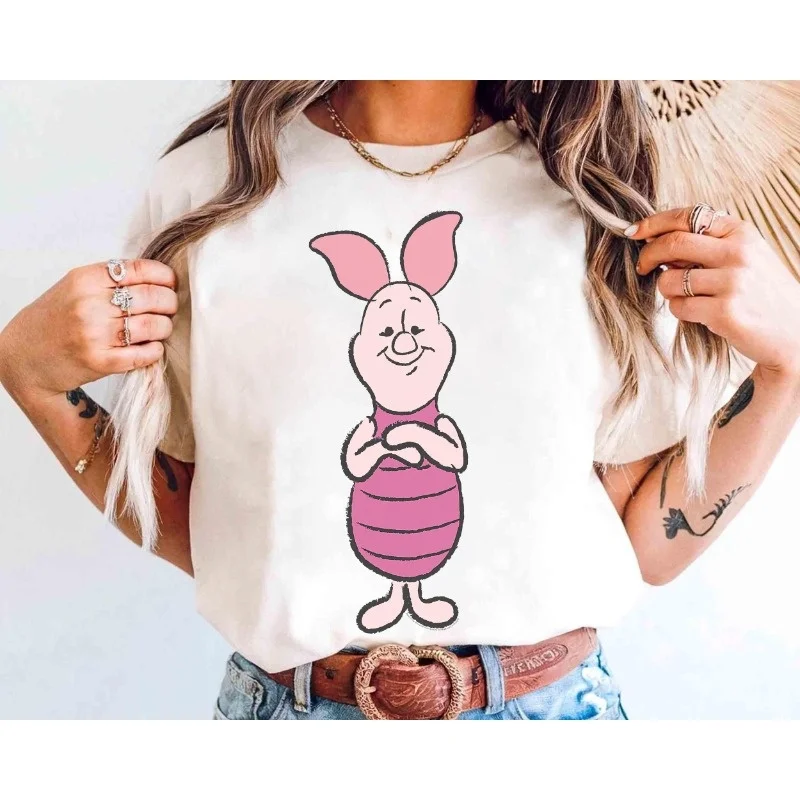 2025-26 Camiseta de Winnie the Pooh de verano Y2k sombrero de cerdito estampado 100% Camiseta estampada de algodón camiseta holgada de Disney para mujer
