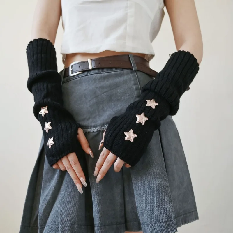 

New Women Knitted Fingerless Arm Sleeves Gothic Style Striped Winter Long Arm Warmers Girls Harajuku Y2K Fashion Wrist Gloves