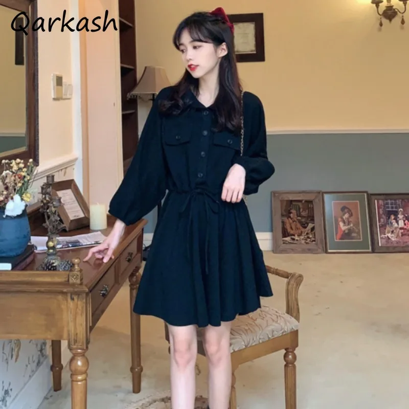 Black Dreses Women Long Sleeve Buttons A-line Slim High Waist Slender Mini Elegant Korean Fahsion Daily Autumn Cozy Streetwear