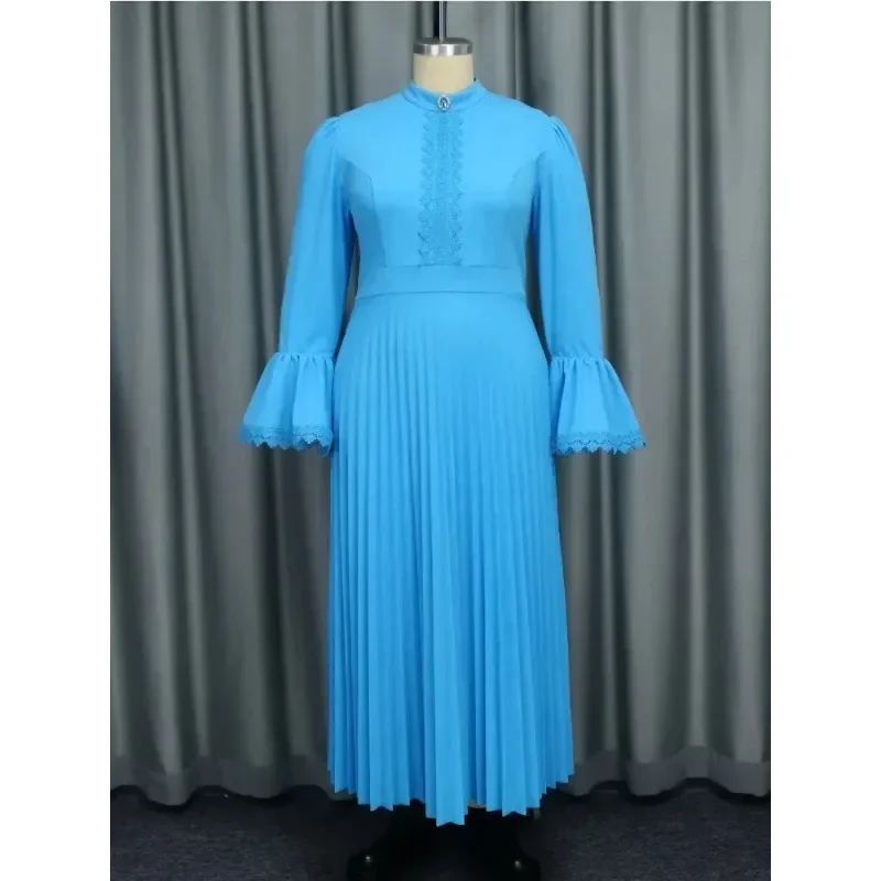 Women's Sexy Blue Lantern Long Sleeved Maxi Dress Elegant Nail Bead Pleated Party Club Princess Dresses Church Muslim Robe