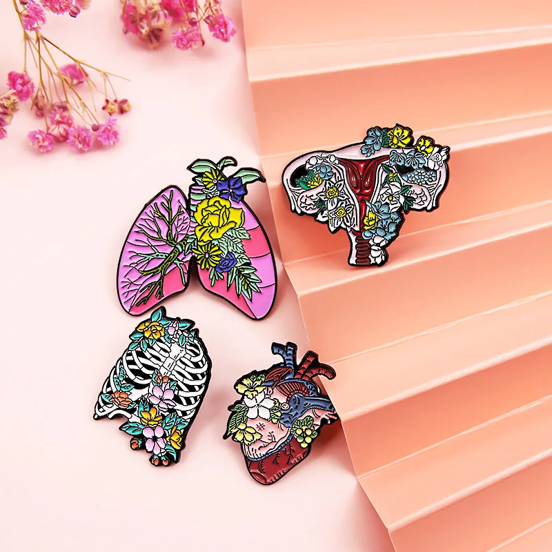 Creative Medical Organs Enamel Brooch Brain Lung Heart Chest Uterus Flower Wave Mechanical Heart Metal Badge Lapel Pins Jewelry