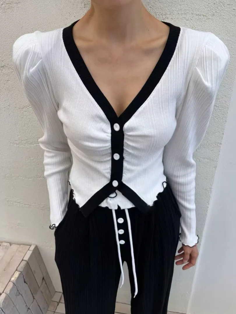 

Модный шикарный женский топ в корейском стиле с V-образным вырезом, на пуговицах, с длинным рукавом, дизайн весна 2026