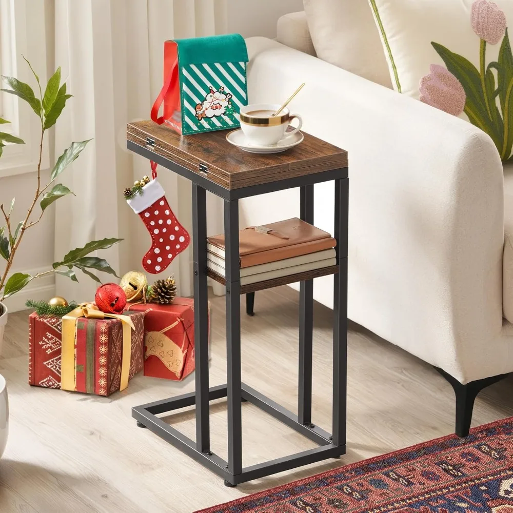 Foldable End Table, C Shaped Side Table with Storage Shelf, Small Snack Table Suitable for Living Room Bedroom Small Spaces