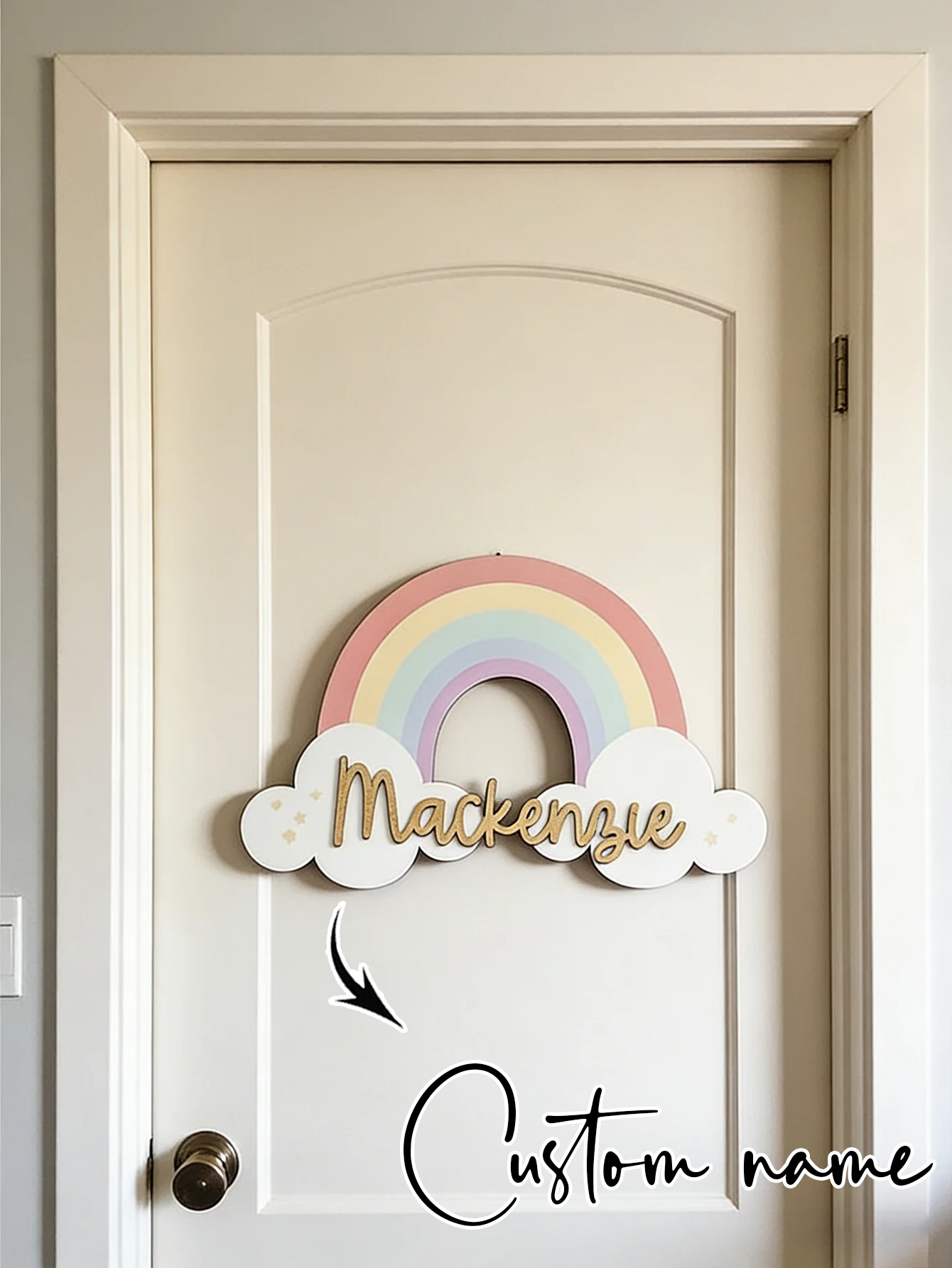 Custom Pastel Rainbow Cloud Wooden Name Sign Personalized Gold Script Name Plaque Girls Boho Nursery Wall Decor Newborn Shower - view 3