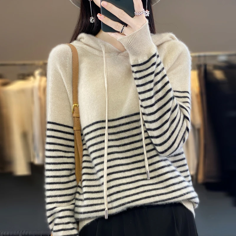 Autumn Winter Hooded Wool Sweater Women 2023 Striped Basic Knitted Tops Spring Casual Warm Pullover Loose Simple Chic Jumpers