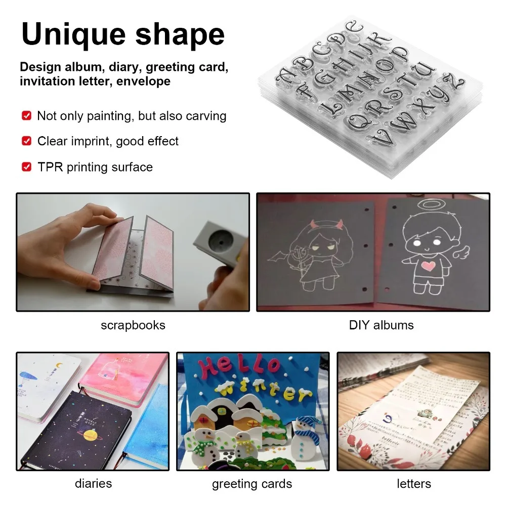 8Pcs DIY Ornament TPR Clear Stamps Transparent Reusable Hand Journal Stamps Letter Pattern Rubber Stamps Journal Making