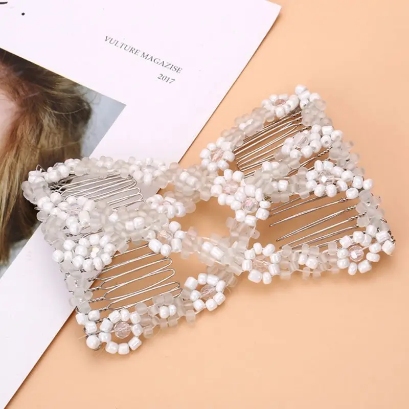 Women Twist Rhombus Beaded Hair Side Combs Stretchable Double Clips Bun Maker Dropshipping