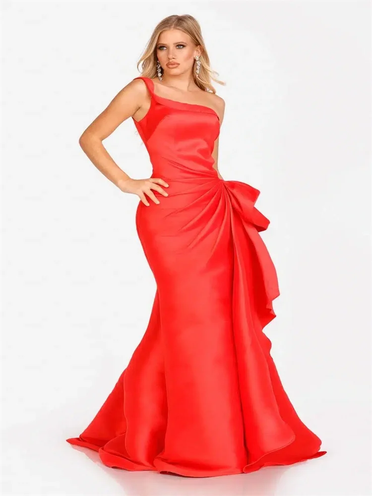 Customized One Shoulder Neckline Sleeveless Satin Mermaid Evening Dress Sexy Back Zipper Floor Length Sweep Train Gown For Women