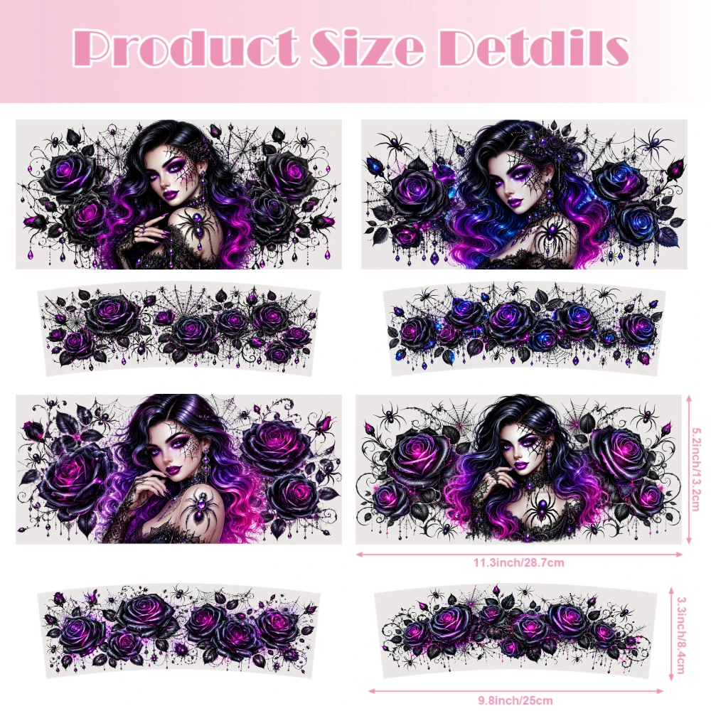 4 Sheets Gothic Woman Roses Spiders Web Purple Black UV DTF Stickers for 40oz Tumblers Vinyl Decal Set Decorative Transfer Paper