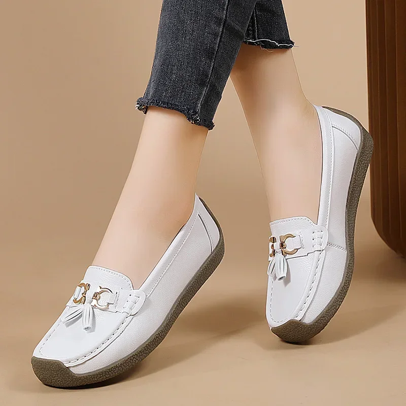 2024 Spring Autumn New Bean Shoes Women's Cow Genuine Leather Shoes Non slip Leather Shallow Mouth Four Seasons Single Shoes