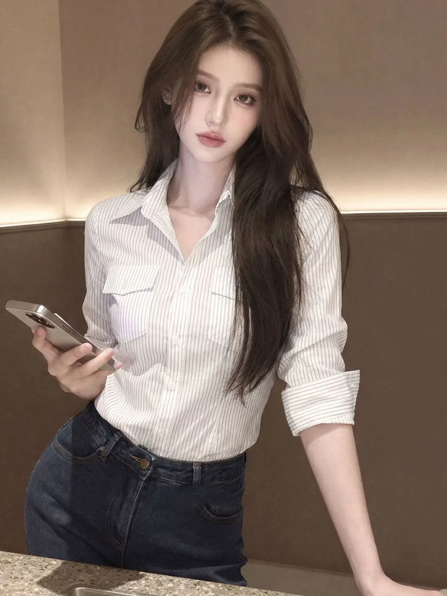 

Ele Long Sve Ne irt Casual Slim Fit Commute Wear Single Button Silk Blend Women's Top Spring Season Faion