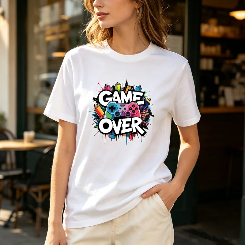 Game Over T-Shirt Video Game Controller Colorful Graffiti Graphic Tee Casual Streetwear Premium Cotton Top for Gamer Everyday