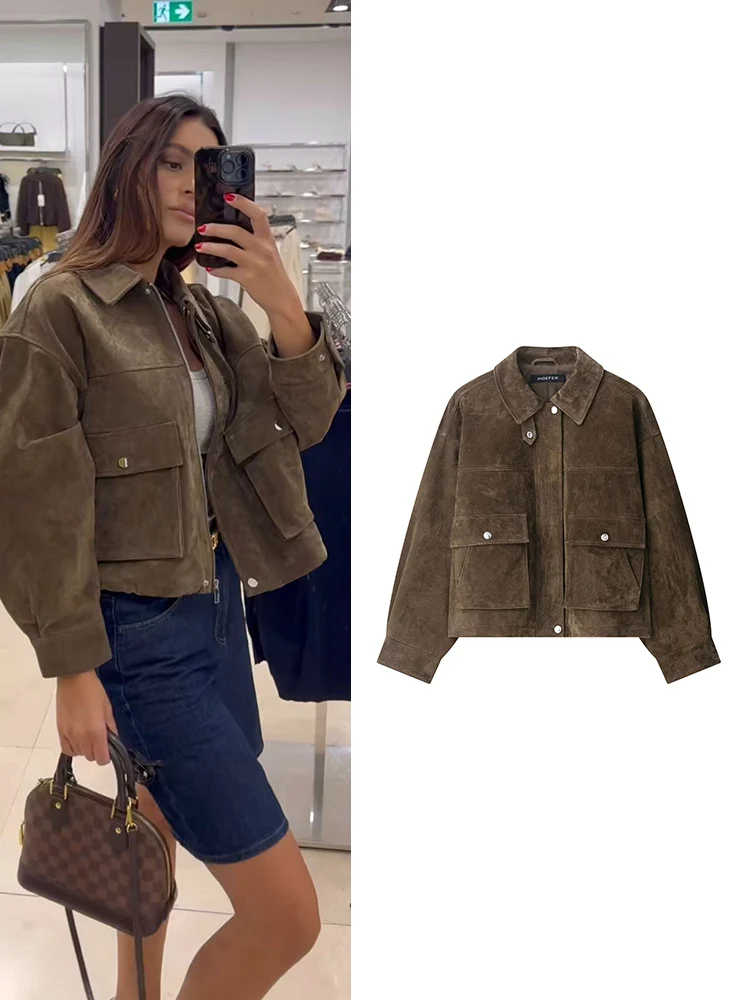 

2025 New Women Casual Loose Bomber Jackets Long Sleeve Lapel Zipper Coats Autumn Fashion Vintage Pocket Jackets Winter Outwears