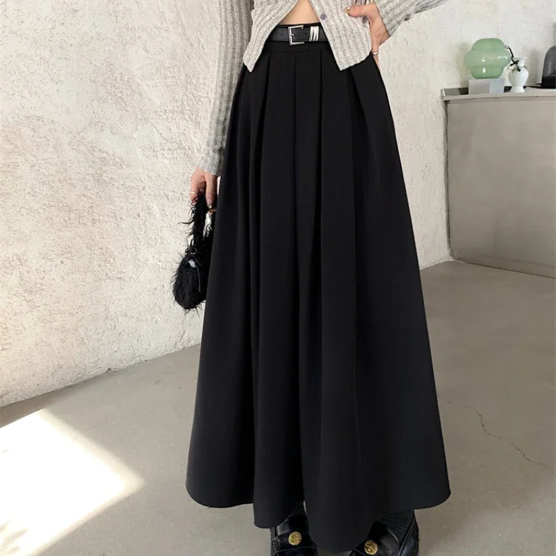 2024 New Korean Skirt Women Solid Color Versatile Mid-length Pleated Skirt Large Swing Type Skirt Female Long Skirts for Women