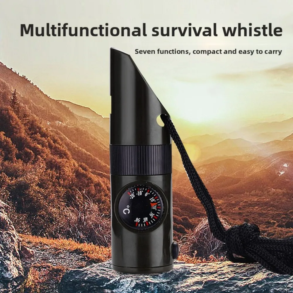 Outdoor 7-in-1 Multi-Functional Whistle:Portable Durable Waterproof Loud Emergency Whistle with LED Light, Thermometer & Compass