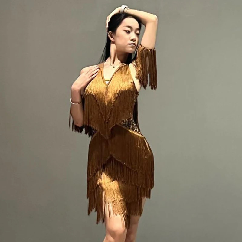 New Latin Dance Dress Women Sexy Performance Costume Brown nappa Dress Cha Cha Rumba Samba Dance Wear abito da competizione NV18610