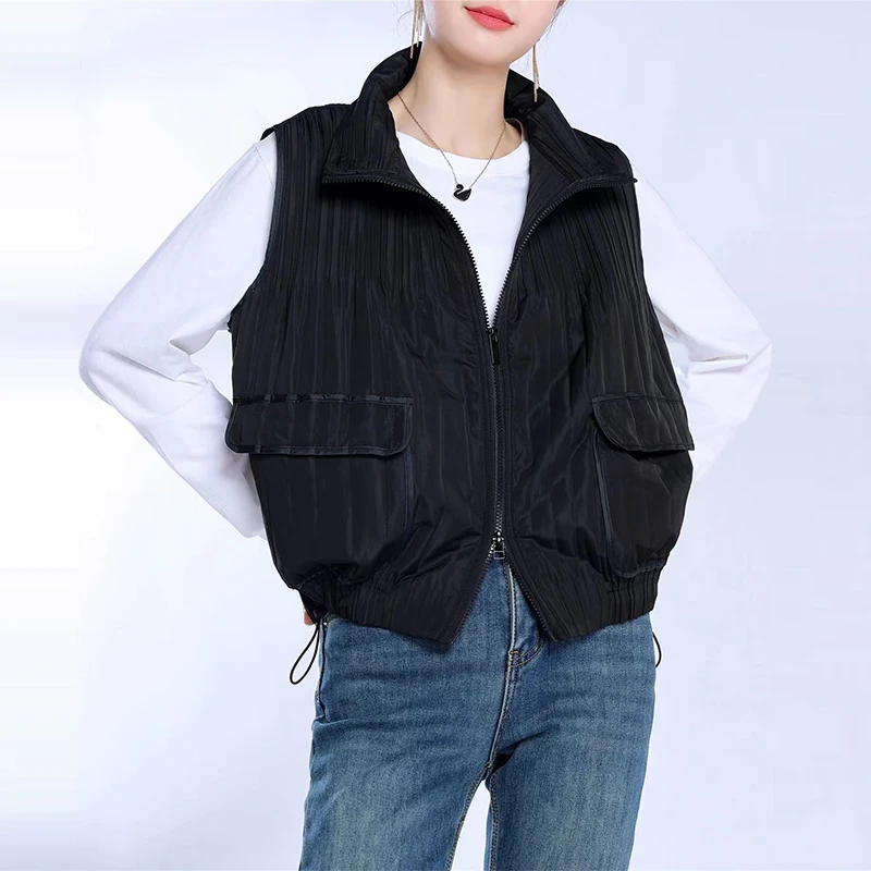 GGHK Miyake Pleated Fall and Winter Women Vest Vest Solid Color Lapel Zipper Pocket Design Casual Vintage Female Jacket