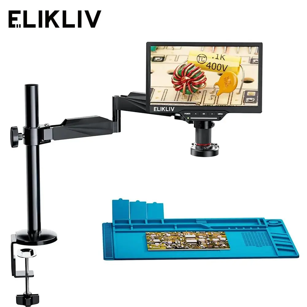 

Цифровой микроскоп Elikliv EDM202 Flex 10,1 дюйма для ремонта электроники с гибким рычагом 2000X HDMI 24MP монетница микроскоп с кольцевой планкой