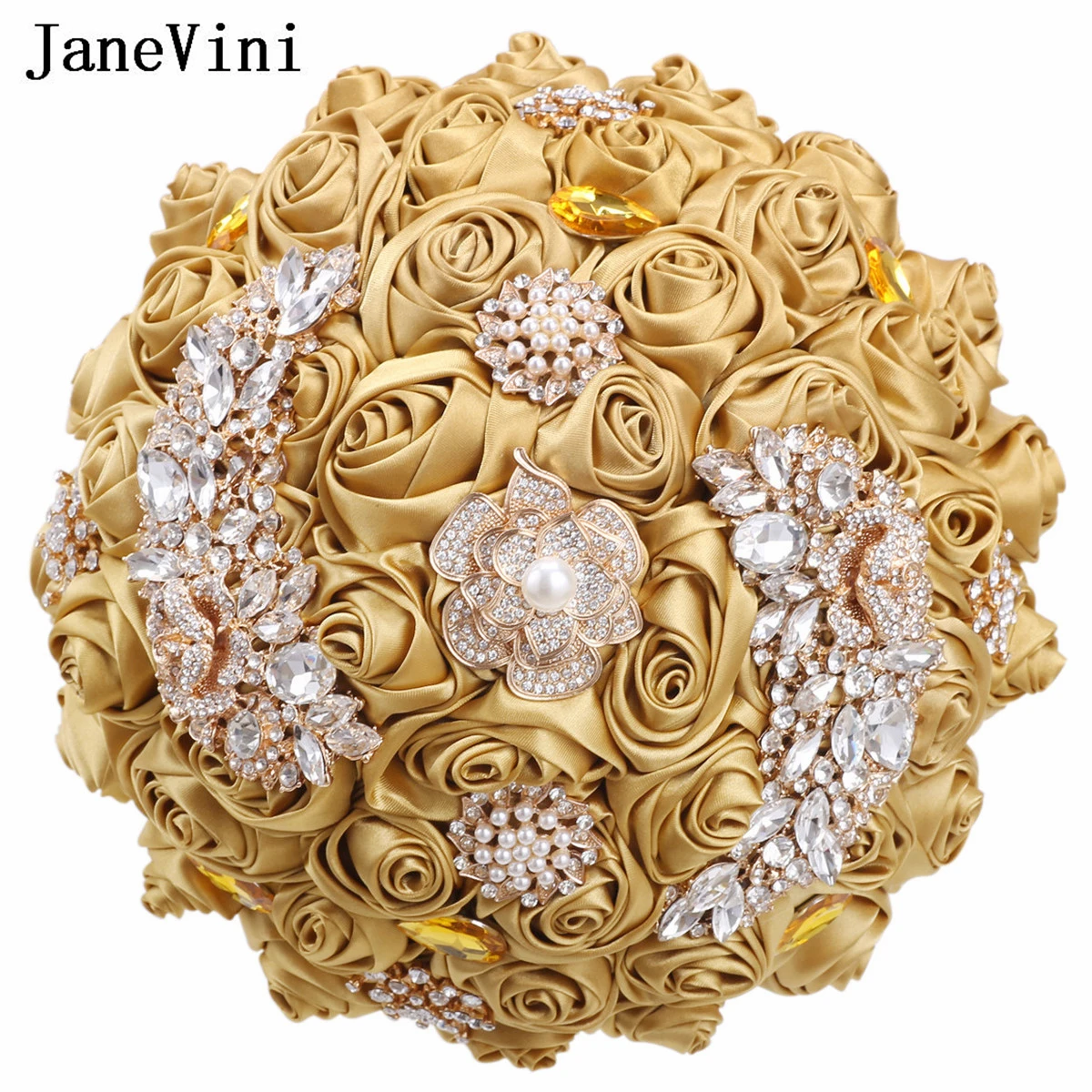 

JaneVini Luxurious Gold Rhinestone Brides Wedding Bouquet Satin Artificial Crystal Diamond Bridal Flowers Bouquet De Novia Boda