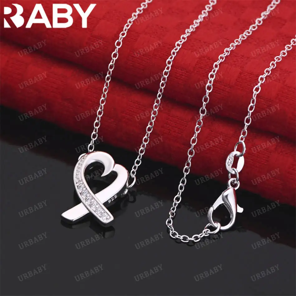 

URBABY 45cm 925 Sterling Silver Zircon Heart Pendant Necklace For Women Men Popular Jewelry Fashion Wedding Charm Accessories