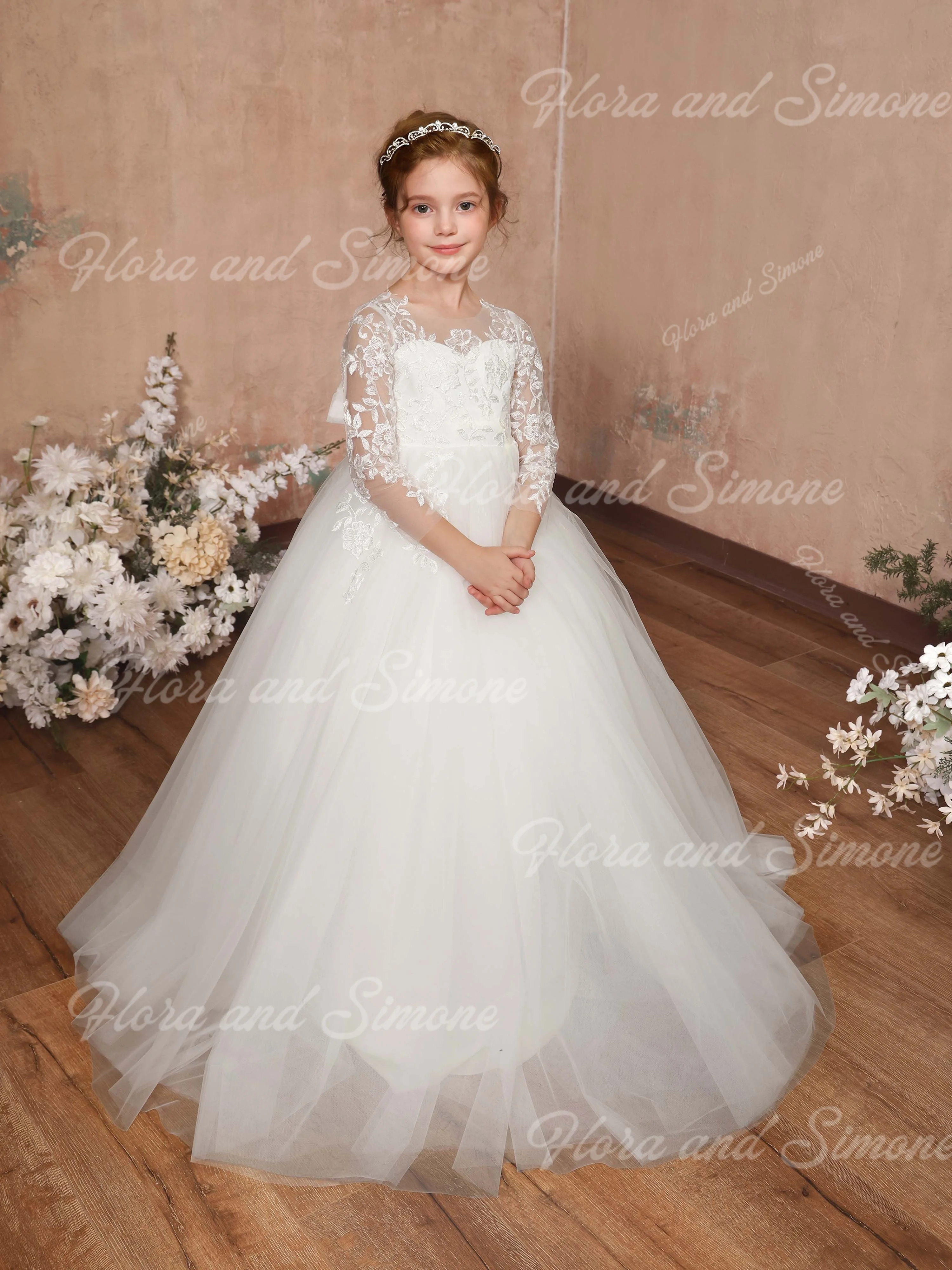 Платье с цветочным узором для девочек с бантом и длинными рукавами по индивидуальному заказу для свадебных церемоний, дня рождения, выпускного вечера, платья для святого причастия, вечеринки