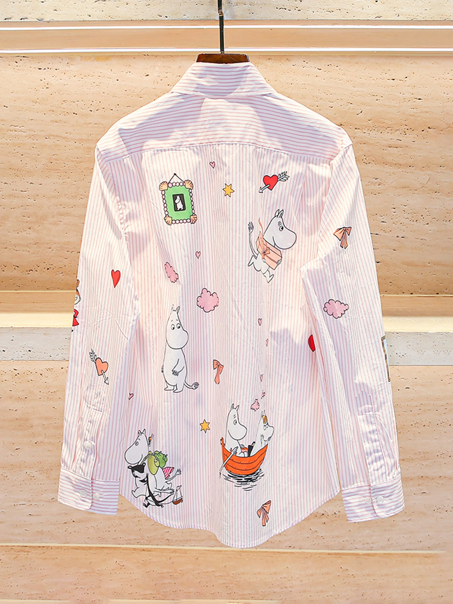 Doux rose rayé dessin animé imprimé femmes irt décontracté trajet Sle coupe ample longue Sve boutonné irt pour l'automne