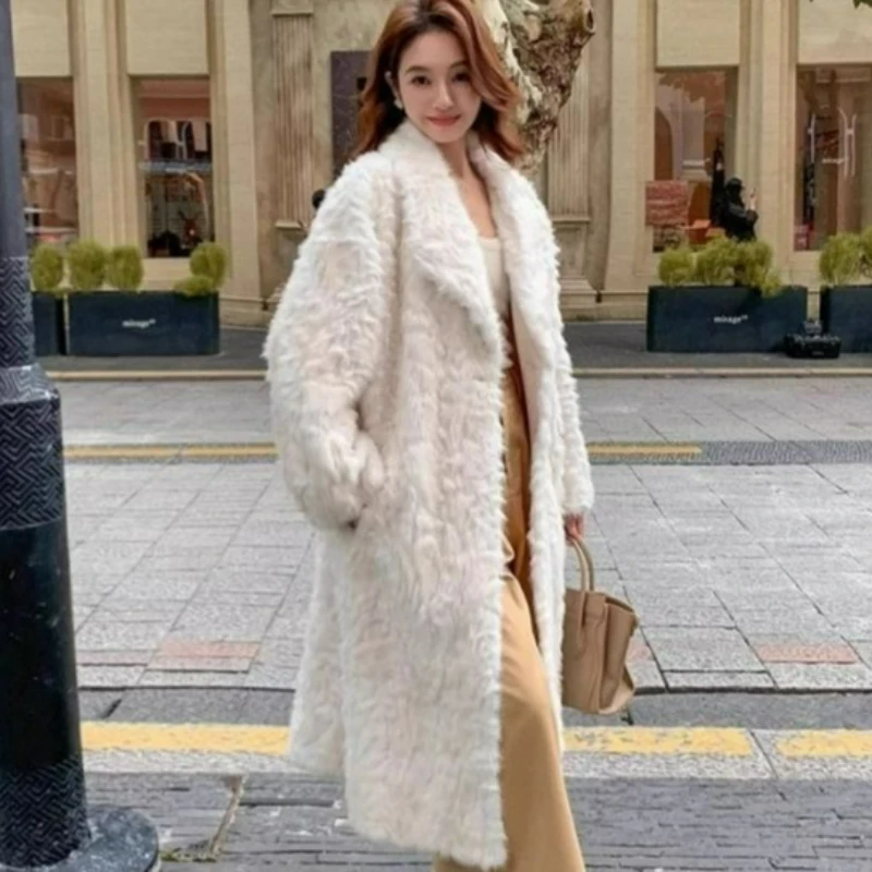 

2026, осенне-зимняя новая шуба из овечьей кожи, женская длинная свободная теплая длинная верхняя одежда длиной до колена из овечьей кожи