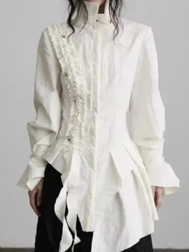 

Женская блузка в стиле Y2K с рюшами, асимметричным длинным рукавом и застежкой на пуговицах, в стиле сладкой Лолиты и преппи, приталенная, 2000-х годов, Япония