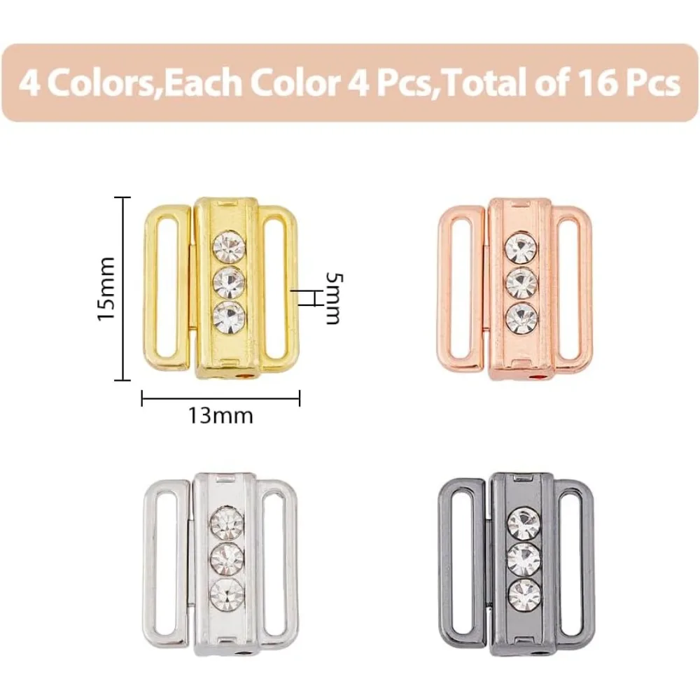 16Pcs 4 Colors Bra Clasp Replacement Part Alloy Rhinestone Bikini Clips Bra Buckle Closing Hook Closure Mixed Color Bra Safe