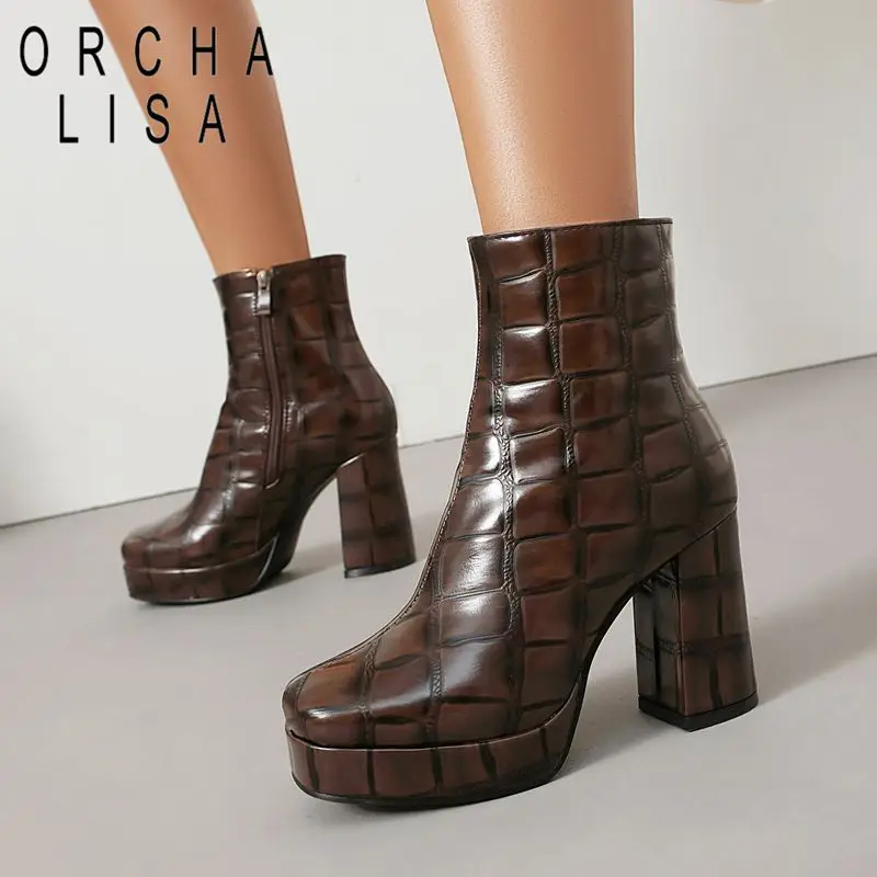 

ORCHA LISA Fashion 2025 Women's Ankle Boots Round Toe 9cm Ultrahigh Heel 2cm Platform Side Zipper Extended Size 43-45 Dating
