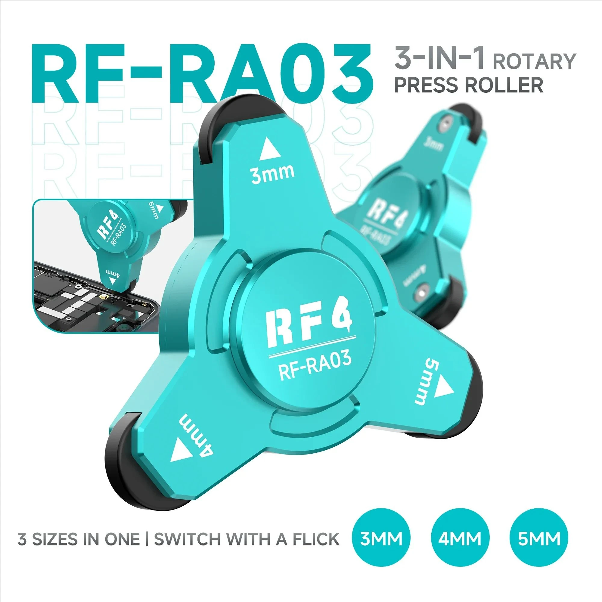 RF4 RF‑RA03 3/4/5mm 3‑In‑1 Quick Switching Rotary Press Roller Tool For Phone Screen Bezel Battery Back Cover Adhesive Repair