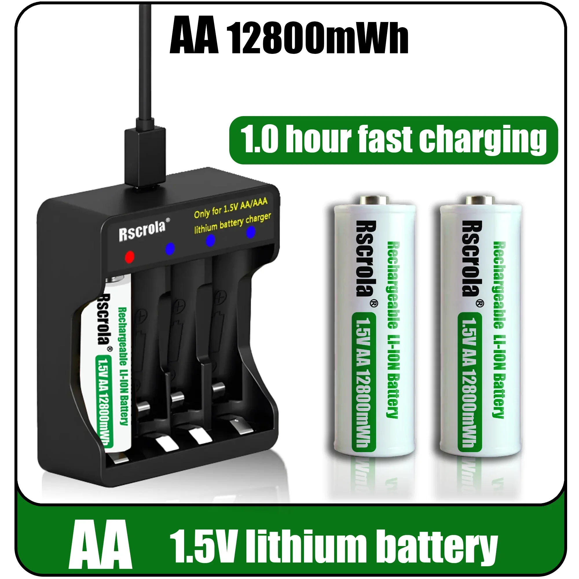 Rscrola قابلة للشحن 1.5 فولت AA 12800mWh بطارية أيون الليثيوم شحن سريع مع شاحن لساعة كامير مروحة ماوس ألعاب كهربائية
