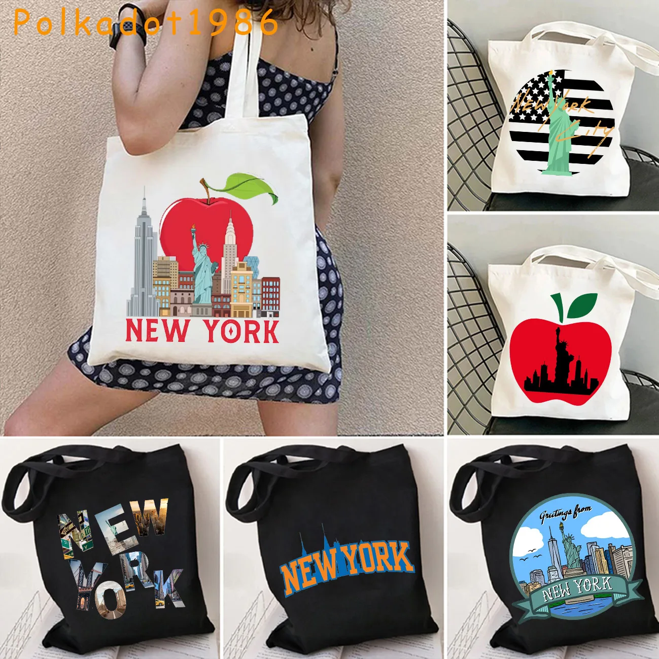 

Cute Gifts Statue Of Liberty New York NYC City Shopper Canvas Totes Bag Apple Giants Football NYC Subway Diagram Cotton Handbags