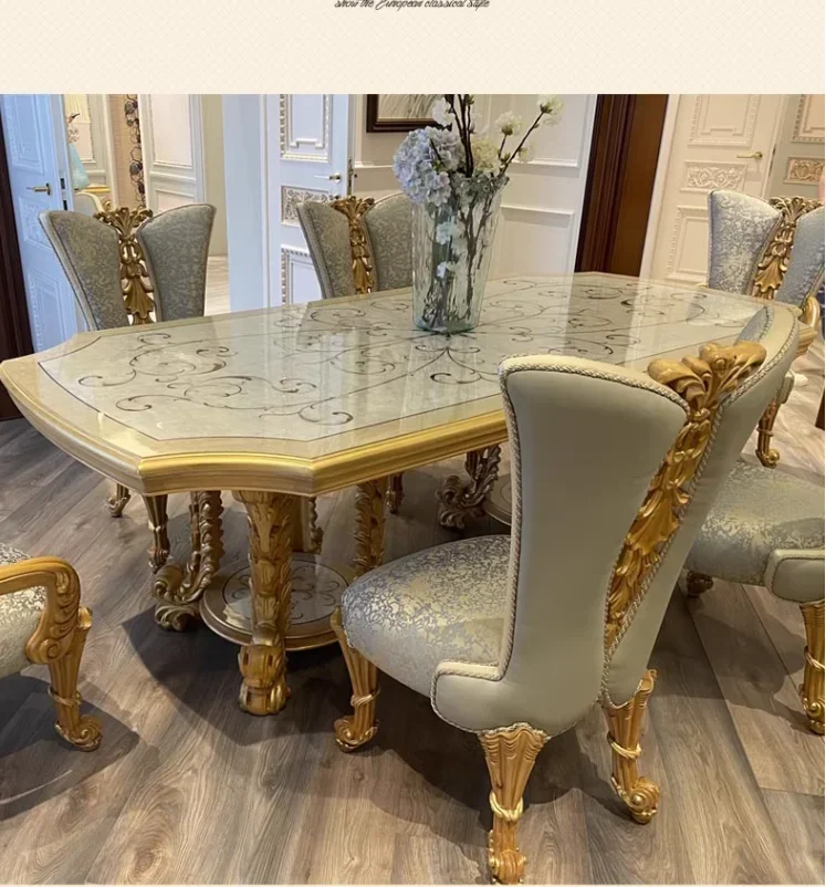 European dining table solid wood carved rectangular shell parquet craft French court high-end retro dining table