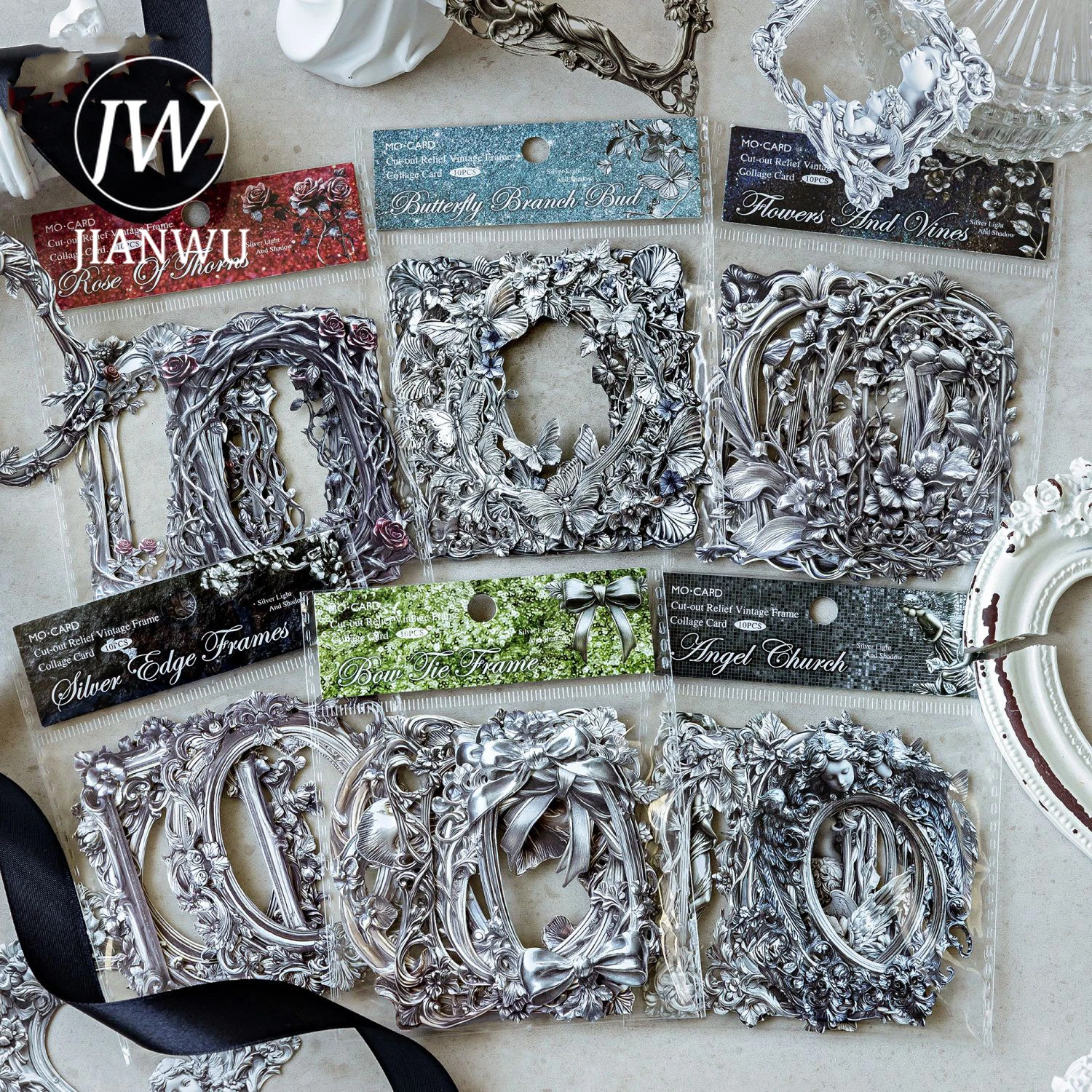 JIANWU-serie de luz y sombra plateada, Material de relieve de borde hueco de flor Vintage, tarjeta de Collage, diario basura creativo, papelería