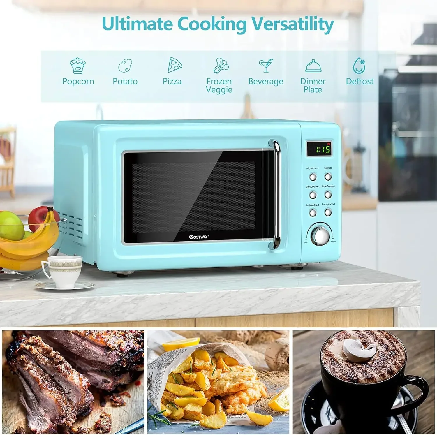 COSTWAY Horno microondas retro para encimera, 0,7 pies cúbicos, 700 vatios, alta eficiencia energética, 5 micropodes, función de inicio retardado