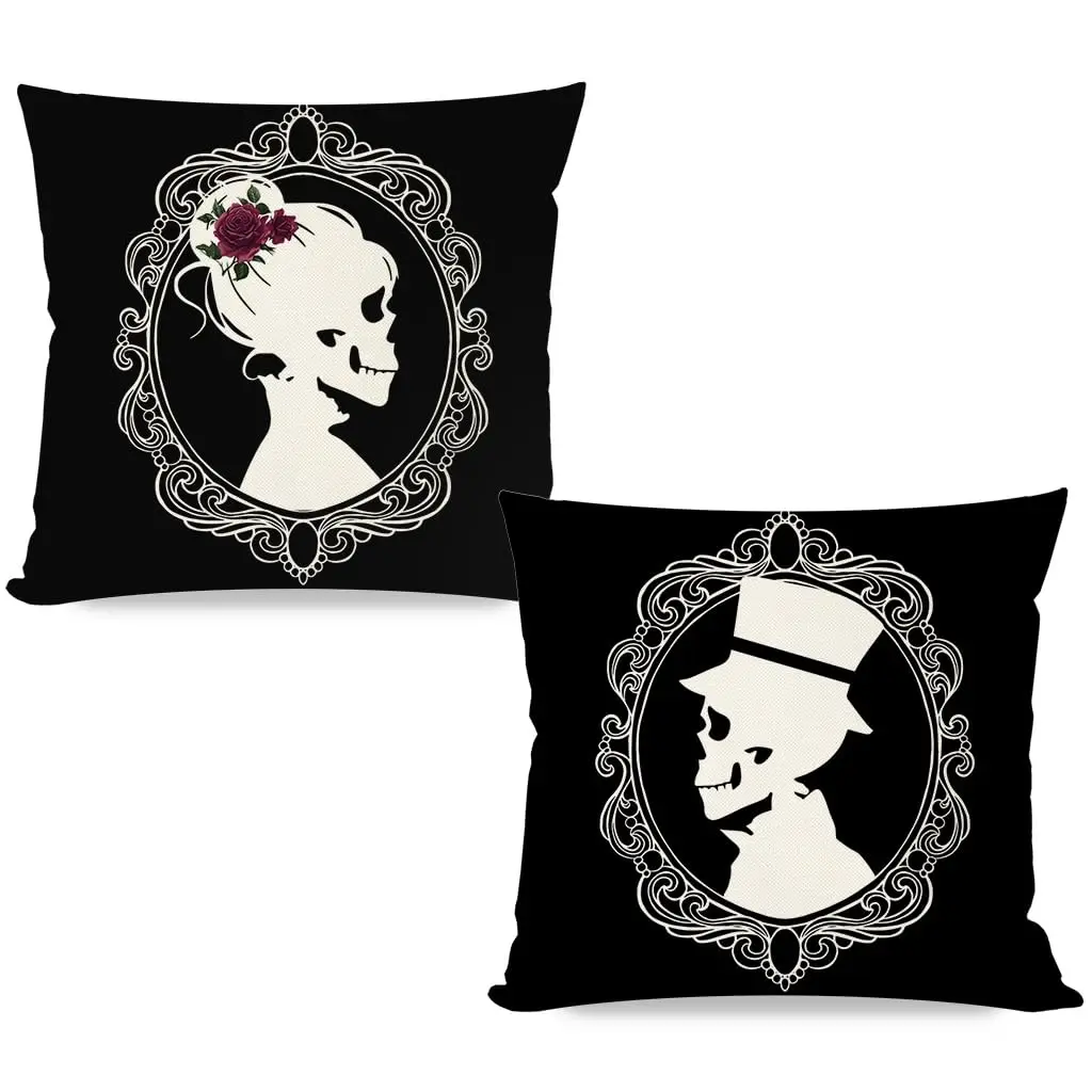 Halloween Goth Couple Pillow Cover 18x18 Gentleman Lady Skeleton Vintage Halloween Black Goth Decorative Cushion Cover