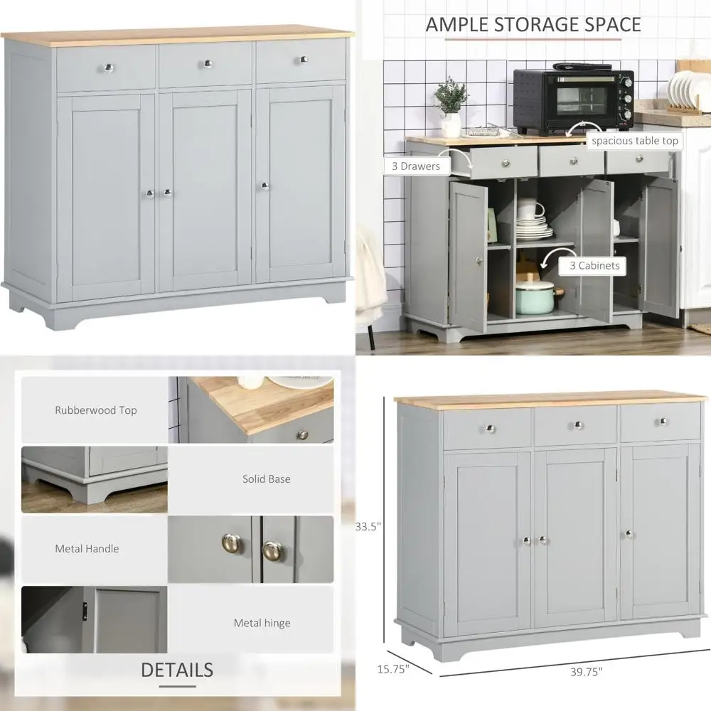Modern Kitchen Storage Cabinet with Solid Wood Countertop, Coffee Bar Cabinet featuring 3 Drawers, Doors, and Adjustable Shelves