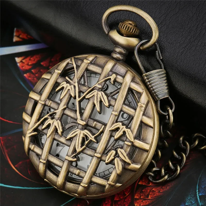 Vintage Half Hunter Hollow Bamboo Case Retro Quartz Pocket Watch for Men Women Arabic Number Clock with Bronze Necklace Chain