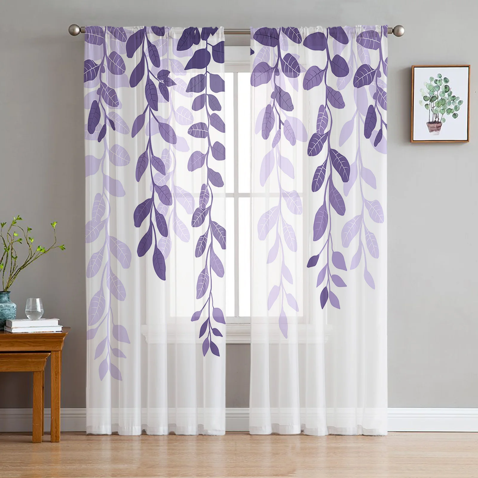 Leaf Plants Country Style Purple Gradient Sheer Curtains For Living Room Window Voile Tulle Curtain Bedroom Kitchen Decoration