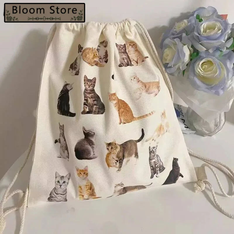 

Personality Vintage Ins Cat Print Backpack Kawaii Fashion Trendy Y2k Aesthetic Canvas Bags All Match Drawstring Casual Schoolbag